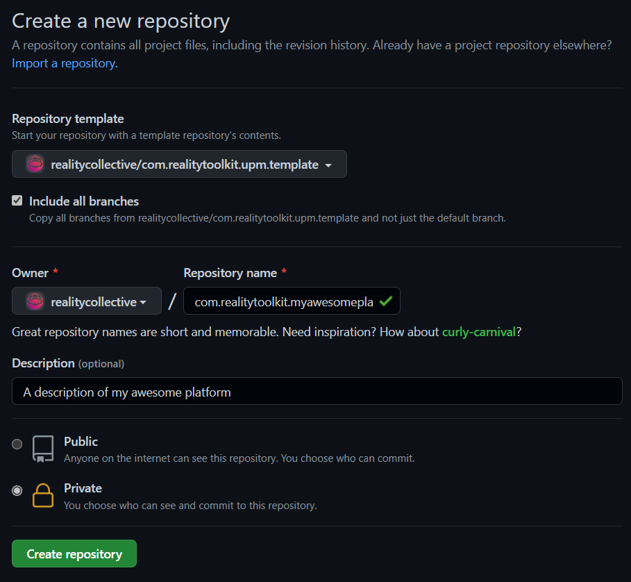 create new repository and selecting template